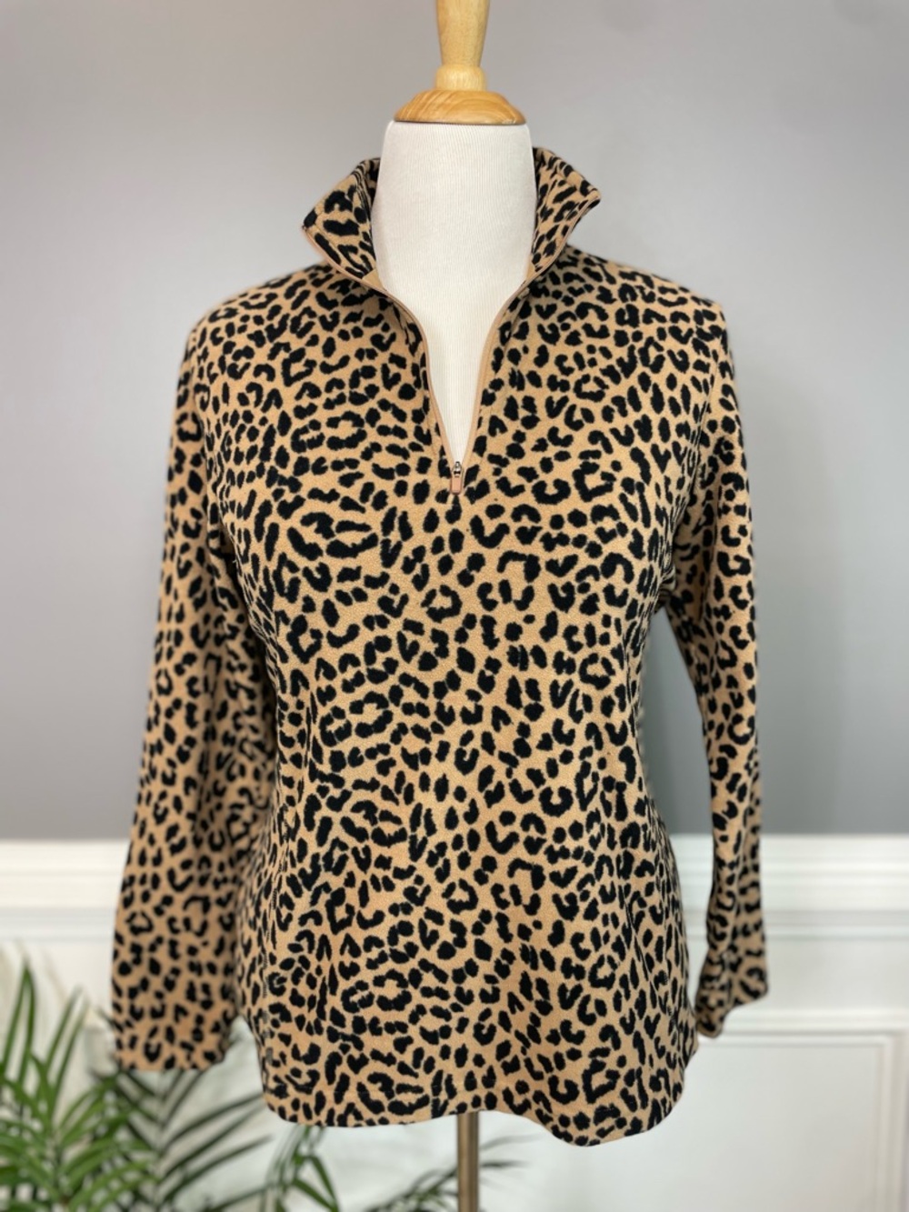 Lands'‎ End Leopard-Print Quarter Zip Pullover - Tan & Black